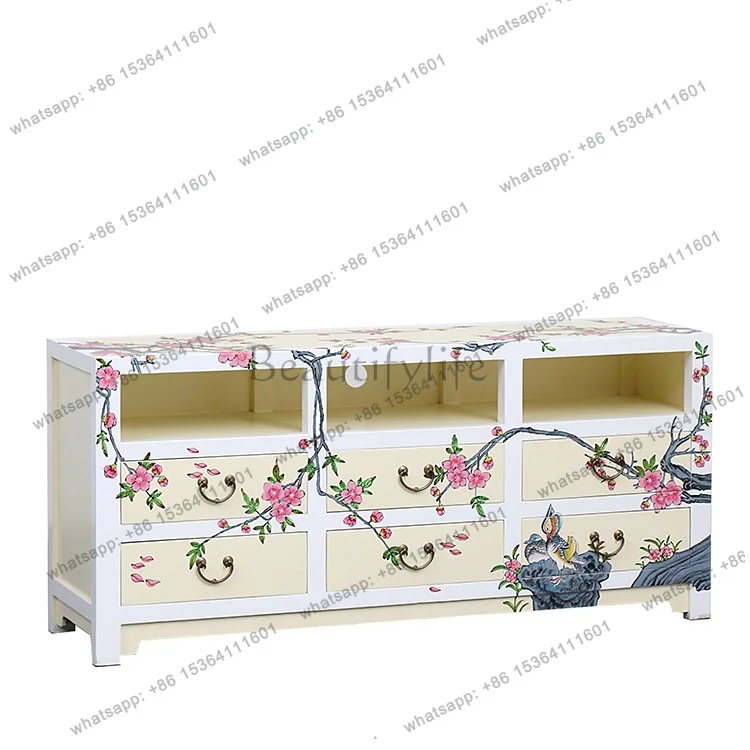 painted TV cabinet, neoclassical hand-painted storage living room cabinet