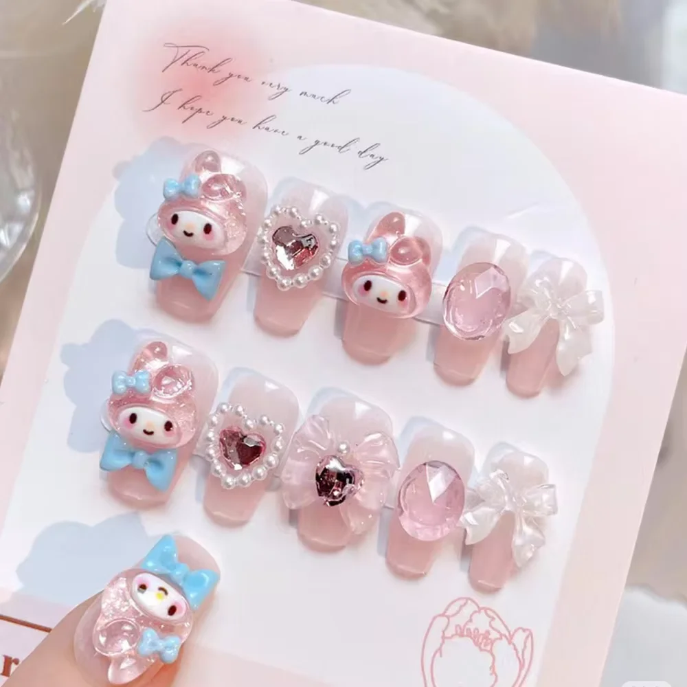 Sanrio Kawaii Pink My Melody Fake Nails 24Pc 3D kuromi Anime Cute Nail Patches False Nail Tips Cartoon Y2K Fashion Press on Nail