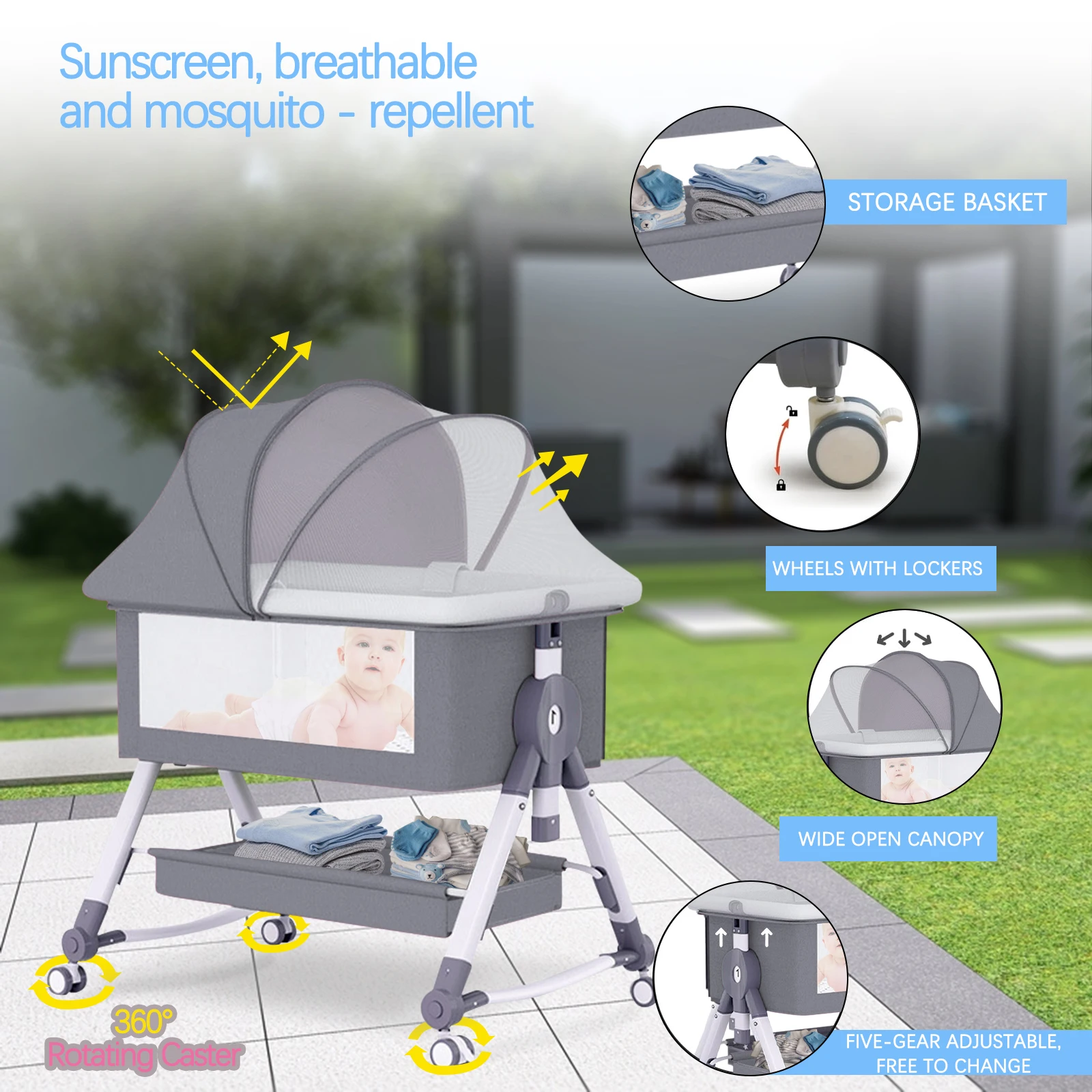 Baby Crib Portable Splicing Cradle Bed Foldable Height Adjustable Movable Bedside Swing Bed Bassinet With Wheels,Mosquito Net