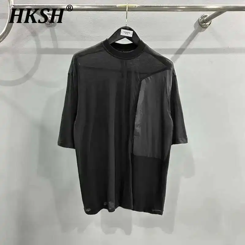 

HKSH Men's Tide Dark Patchwork T-shirt Summer New Thin Niche Design Punk Black Loose Chic Half Length Sleeve Fashion Tees HK2013