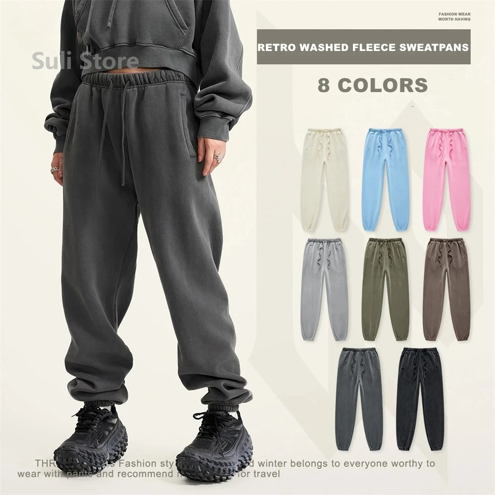 

2025 Autumn Winter Men's Washed Sweatpants Retro Unisex Loose 355gsm Warm Fleece Solid Joggers Pants Streetwears