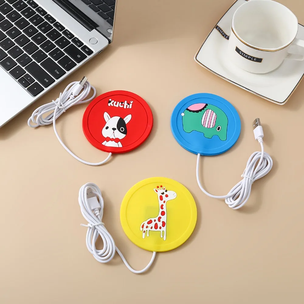 Silicone USB Cup Warmer Pad Mug Mat with USB Charging Cable Round Coaster Cartoon Animal Pattern Heating Cup Mat Office