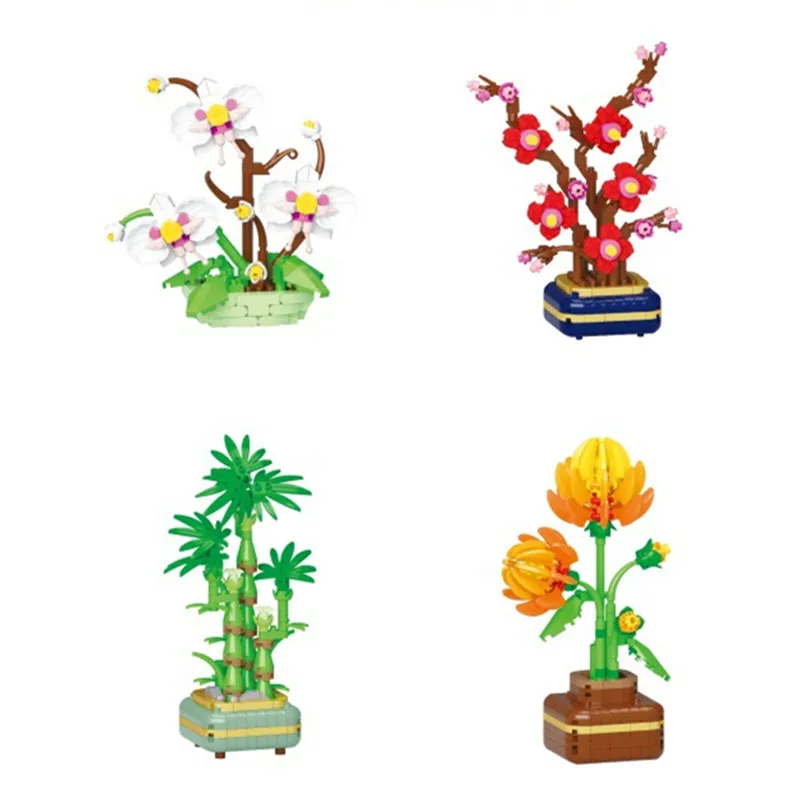 

Букет цветов сливы, цветение персика, нарцис, бонсай, растение в горшке, микро строительные блоки, декор, набор кирпичей, игрушки для детей