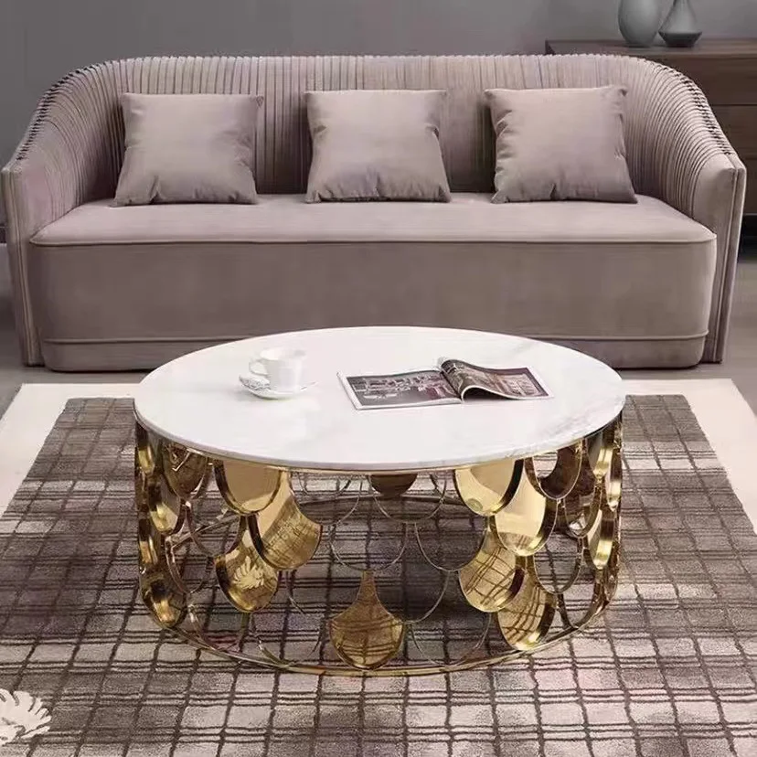 Beidao light luxury fish scale rock slab round glass coffee table modern simple living room stainless steel small tea table