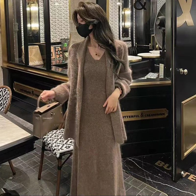 2024 Autumn Knitted Two Piece Set Women Soft Mohair Knitted Lace Up Belt Loose Cardigan + Long Dress Female French Chic Suit