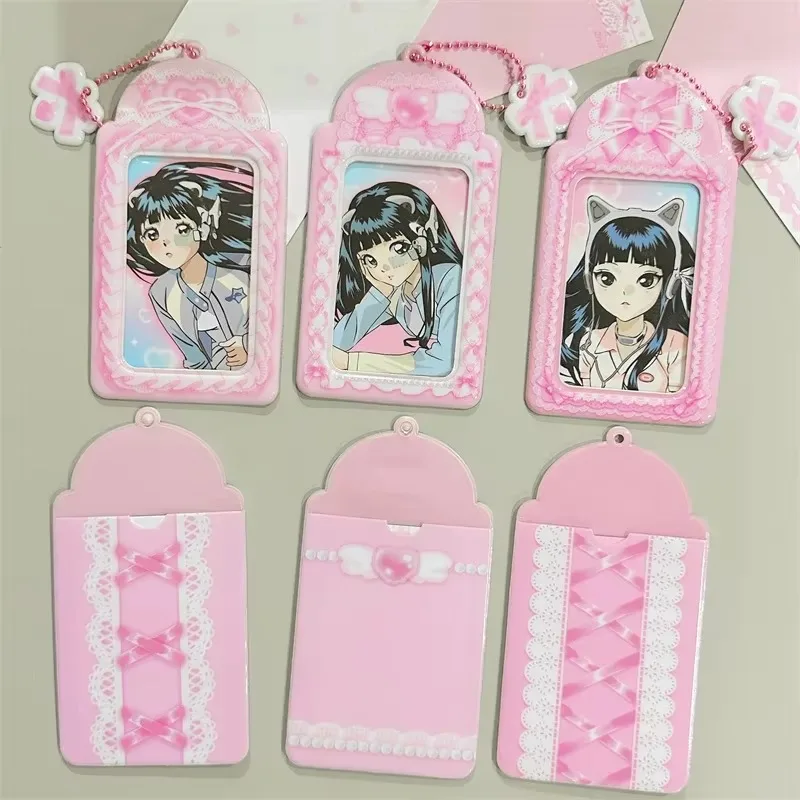Cute Pink PVC Lace Bow Card Holder Protector Mini Photo Album Bowknot Idol Decorative Student Stationery  Credit ID Card Holder