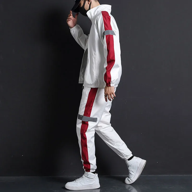 Reflective Sportswear Sets Men Patchwork Hip Hop Tracksuit Suit Male Sweatshirt +Sweatpants Streetwear 2 Pieces Mens Sweat Suits