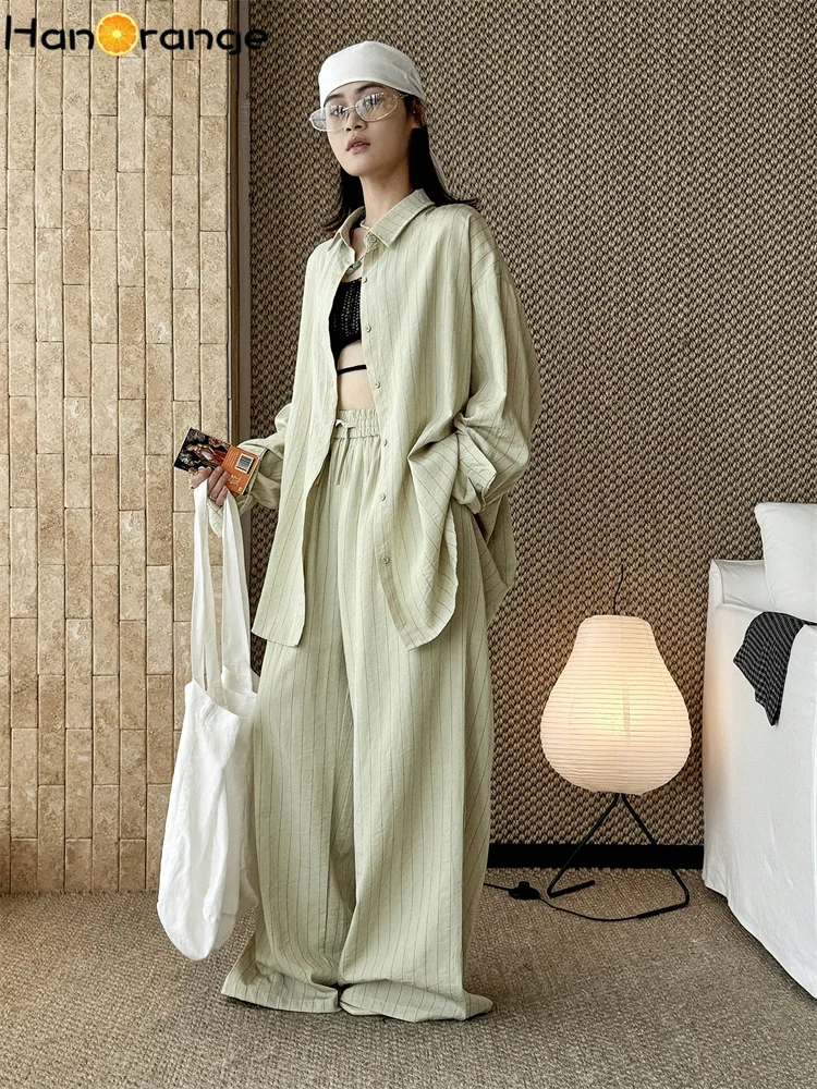HanOrange 2026 Summer Linen Stripe Pants Set Women Loose Shirt + Trousers 2pcs Sets White/Green - view 4