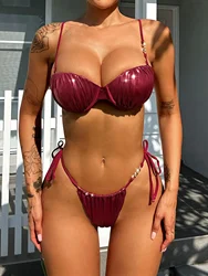 Wine Red Shiny Swimsuit 2025 Women 2-piece Glossy Bikini Sexy Pleated Thong Underwire Push Up Swimwear Suspender Bathing Suit