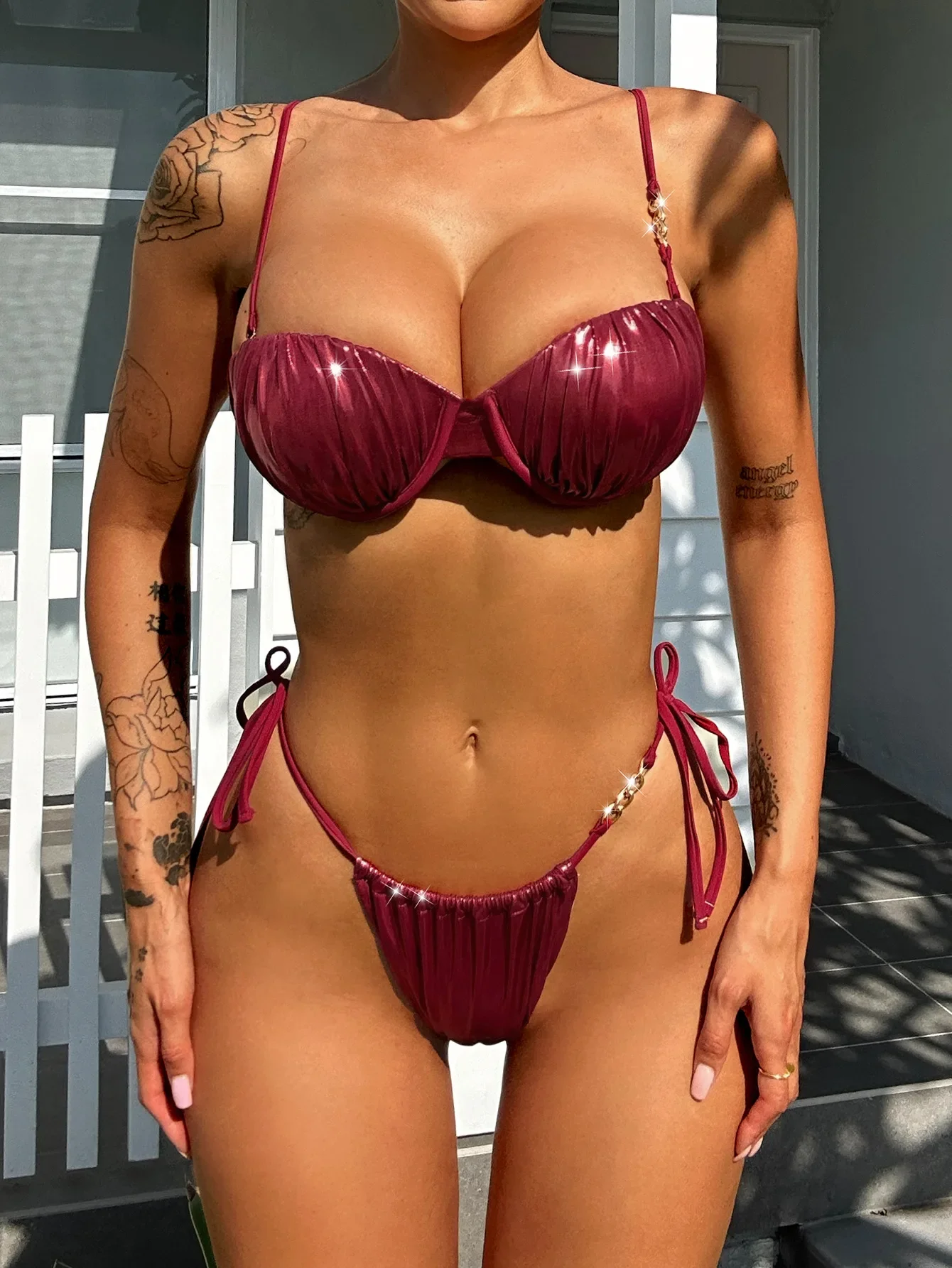 Wine Red Shiny Swimsuit 2025 Women 2-piece Glossy Bikini Sexy Pleated Thong Underwire Push Up Swimwear Suspender Bathing Suit