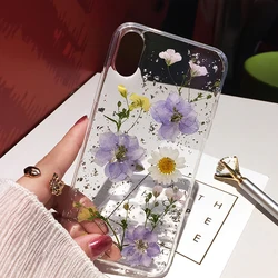 말린 꽃 반짝이 투명 전화 케이스 Iphone 16 15 14 13 12 11 Pro Max Xs Max Xr X 7 8 Plus 케이스 소프트 실리콘 뒷면 커버 F