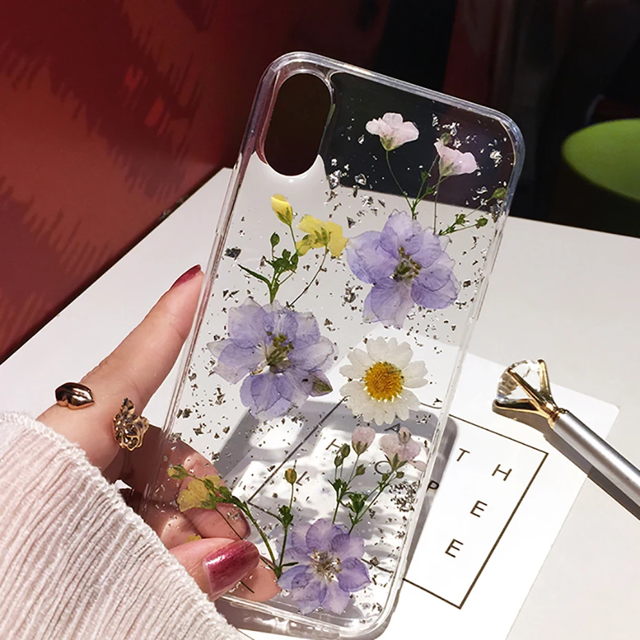 Dried Flower Glitter Clear Phone Cases For Iphone 16 15 14 13 12 11 Pro Max Xs Max Xr X 7 8 Plus Case Soft Silicone Back Cover F