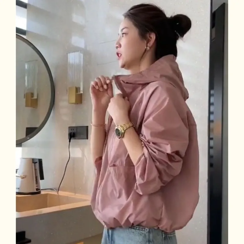 Female Spring Summer Tops Coat Zipper Hooded Sunscreen Pocket Solid Color Retro Simple Leisure Senior Soft Minority Versatile