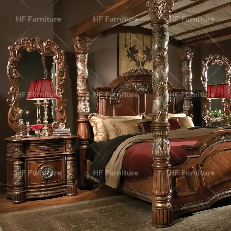 American King Size Wooden Bed Frame Luxury Traditional Antique Classic Style Bedroom Furniture Set Solid Wood Platform Bed