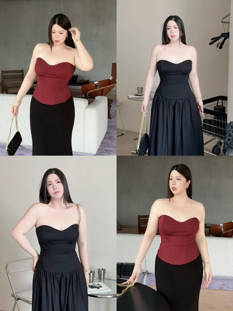 

Elegant Short Strapless Fishbone U-shaped Wrap Chest Black Slimming Large Size Top High Waist Travel Summer Polyester Fiber
