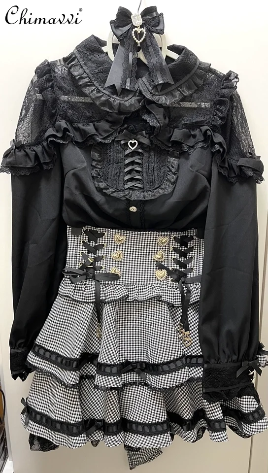 

Liz Sweet Girl Shirt New 2025 Autumn Japanese Mass Production Skinny Cute Bow Shoulder Lace Long Sleeve Lolita Tops Blusas