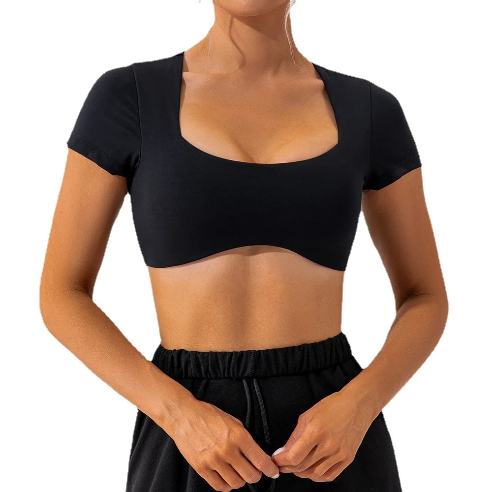 2023 Fitness Bra Short Sleeve Simple Shockproof Sports Curved Hem Yoga Shirt Slim Fit Crop Top Run Gym Shirts Women Active Wear