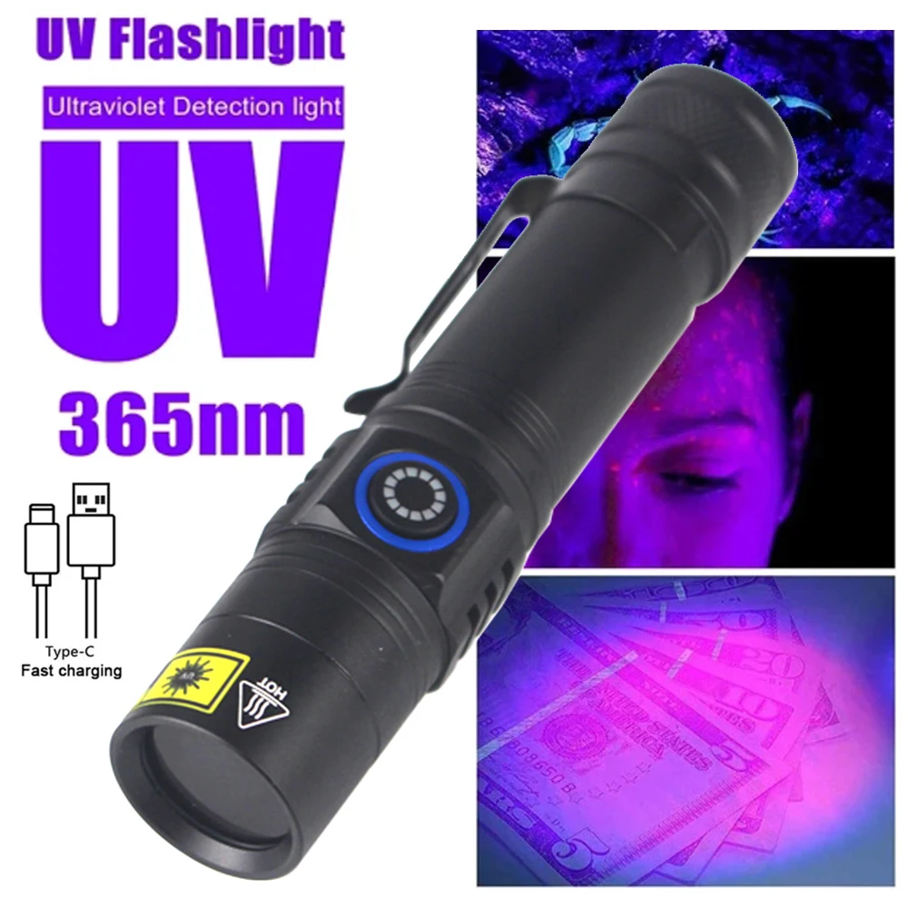 365nm LED UV Flashlight Ultraviolet Black light Type-C Usb Rechargeable Waterproof Inspection Lamp Pet Urine Stain Detector Lamp