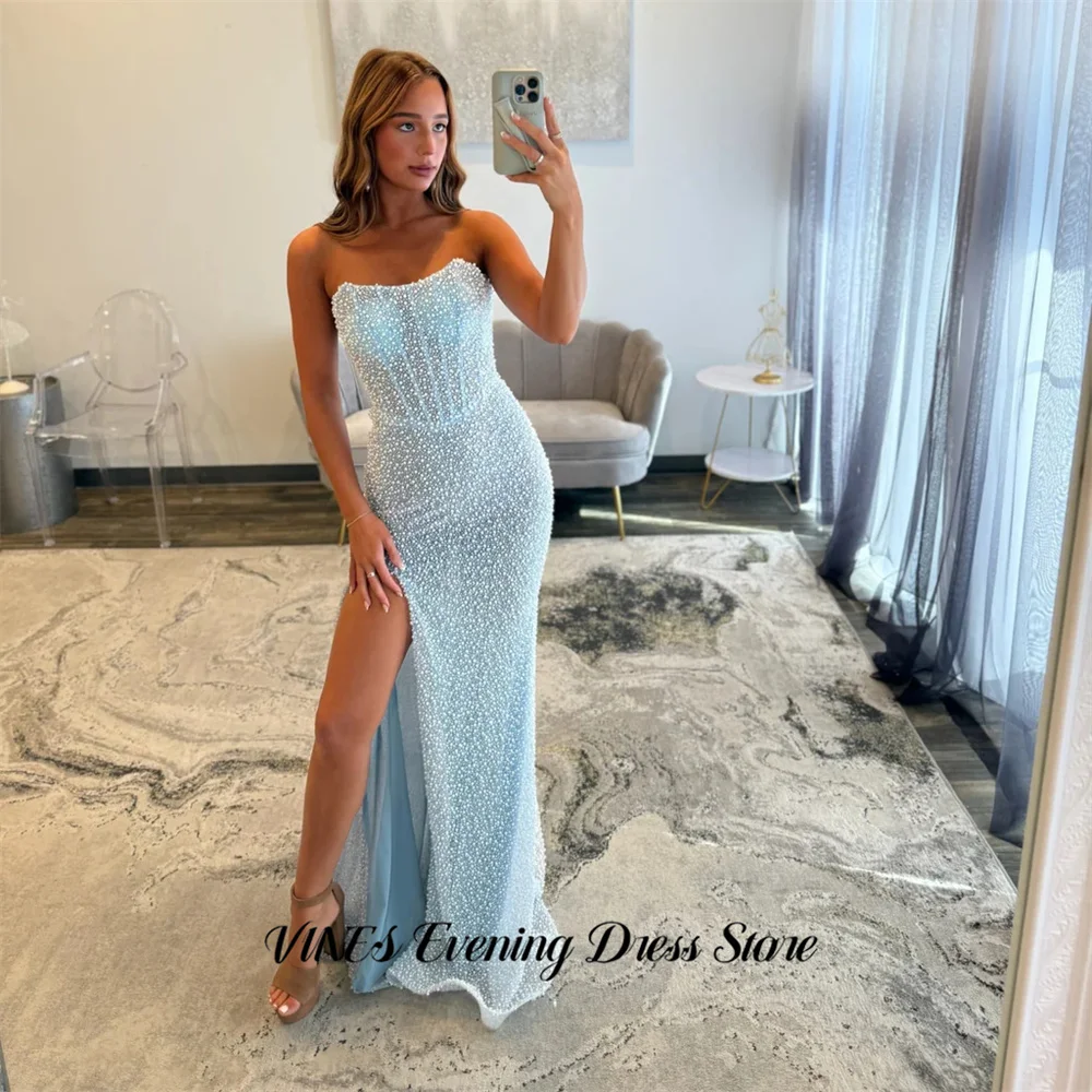 

VINES Light Blue Beaded Mermaid Evening Dresses Strapless Gala Dresses High Thigh Slit Prom Dress Sequin Party Dress Customized