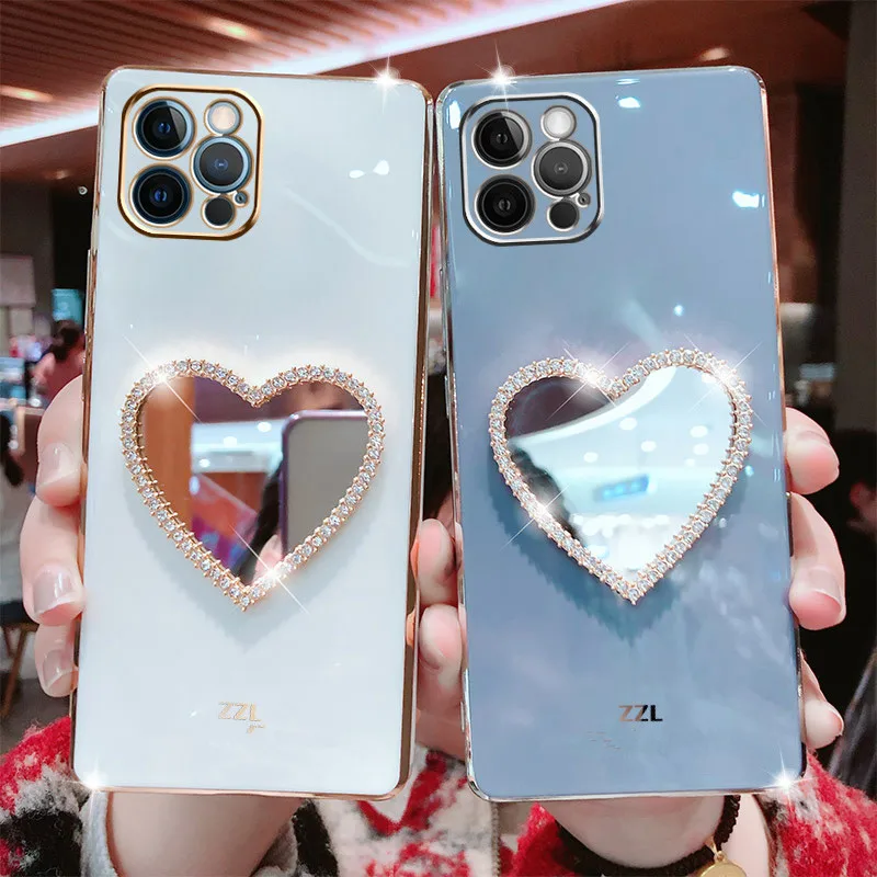 Luxury Heart Mirror Phone Case For iphone 15 14 pro max Plating Soft Cover for iphone 12 pro 13pro max 11 pro X XR 7 8 plus