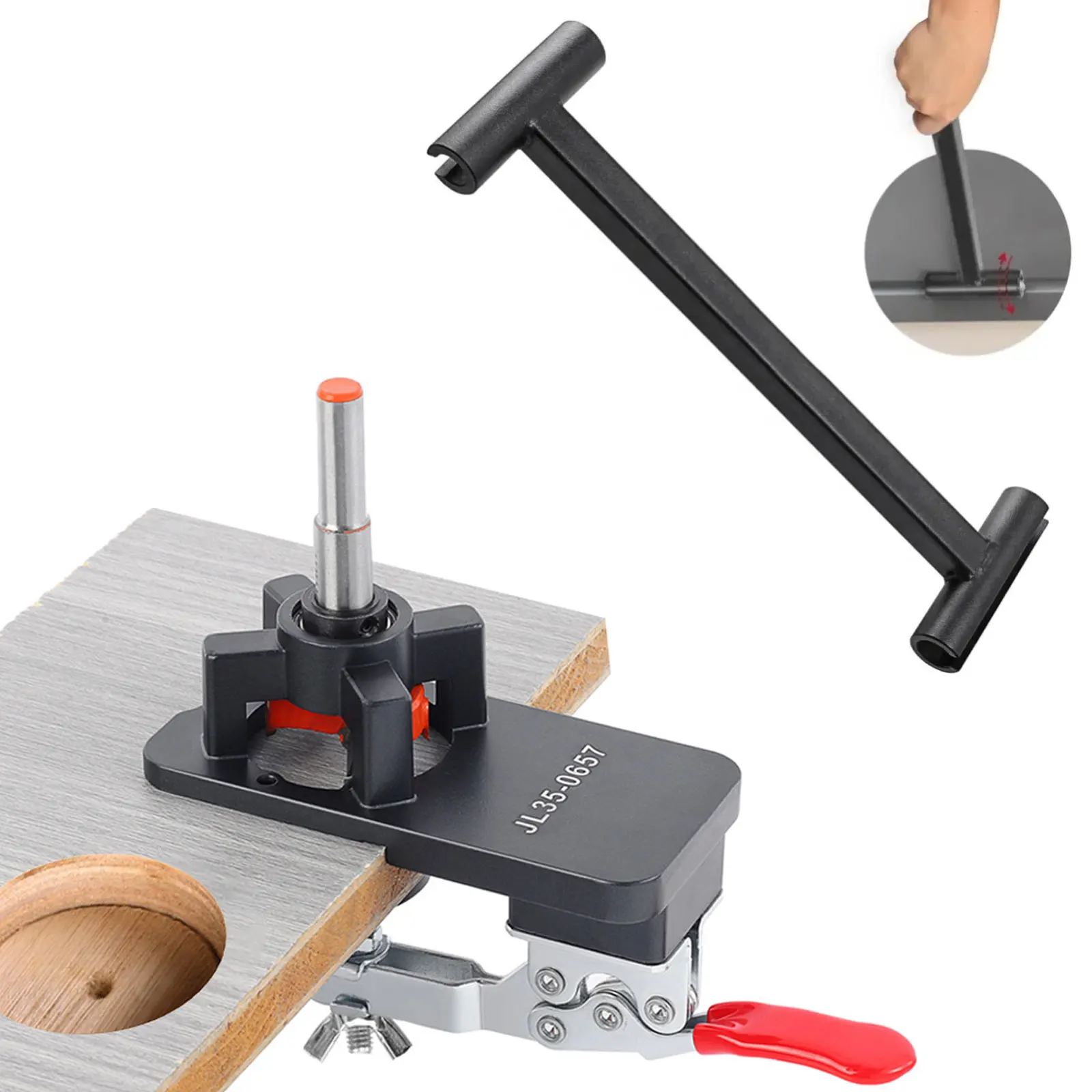

Commercial door hinge clearance adjusting wrench, combined with a 35mm woodworking hinge hole saw, equipped with an adjustable depth clamp and a high-hardness tungsten carbide drill bit.