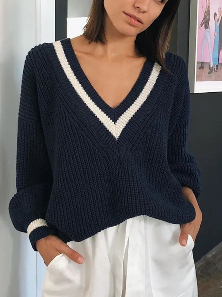 Autumn Winter European and American Style Casual Color Blocking Fashion Loose-fit Long Sleeve Women's Sweater Pullovers