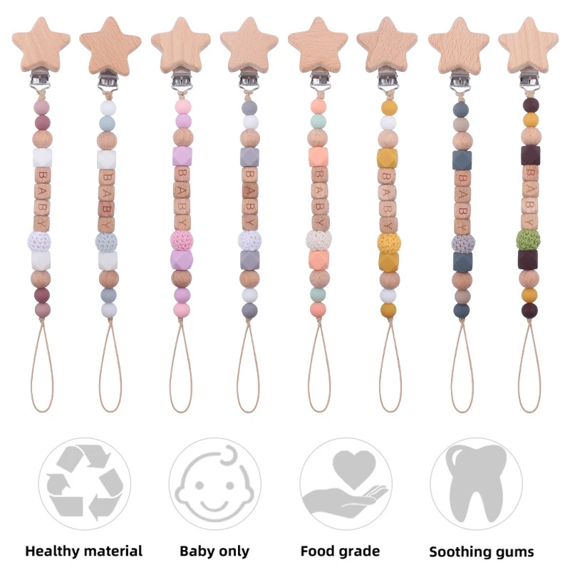 New Baby Pacifier Clip Chain Personalized Name DIY Star Wooden Silicone Teethers Dummy Nipple Holder Clips Teething Toy BPA Free