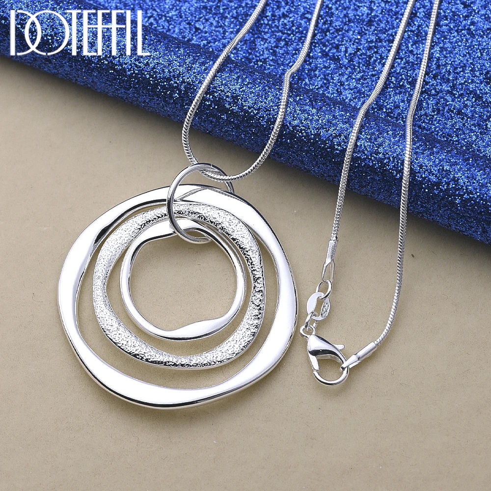 DOTEFFIL 925 Sterling Silver 18 Inches Three Circle Pendant Chain Frosted Necklace For Women Fashion Wedding Party Charm Jewelry