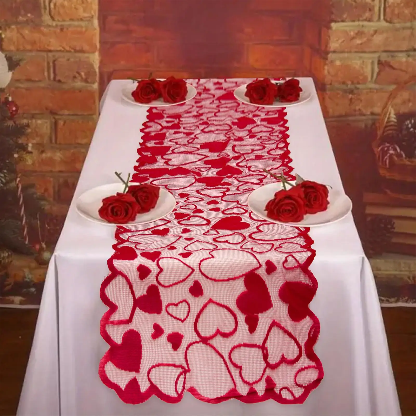 Valentines Table Runner Red Lace Love Heart Valentine's Day Dining Decorations Romantic Party Table Runner for Holiday Parties