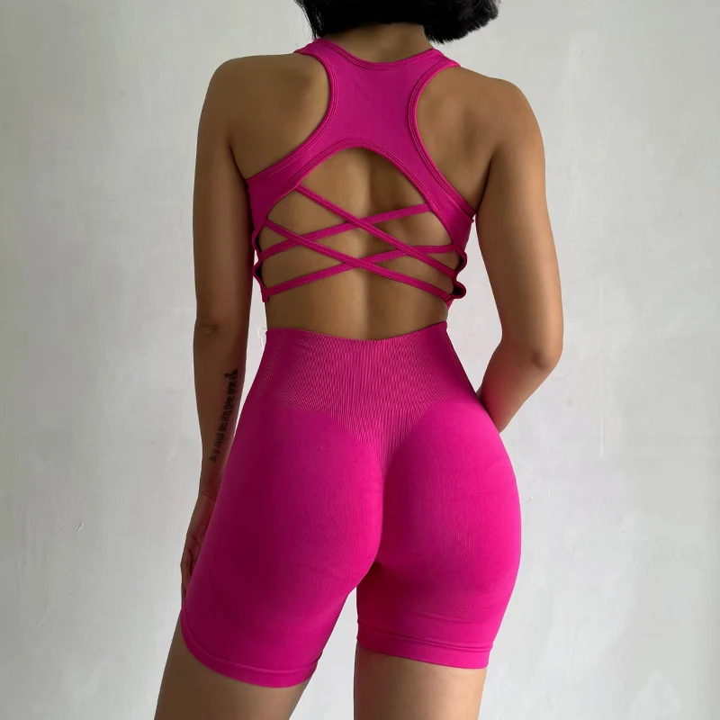 Pfirsichfarbenes Damen-Set mit High-Waist-Shorts und BH, Po-Lifting-Fitness-Set, geraffter Rücken, Yoga-Anzug, eng anliegend für Lauf- und Trainingsübungen – Detail 5