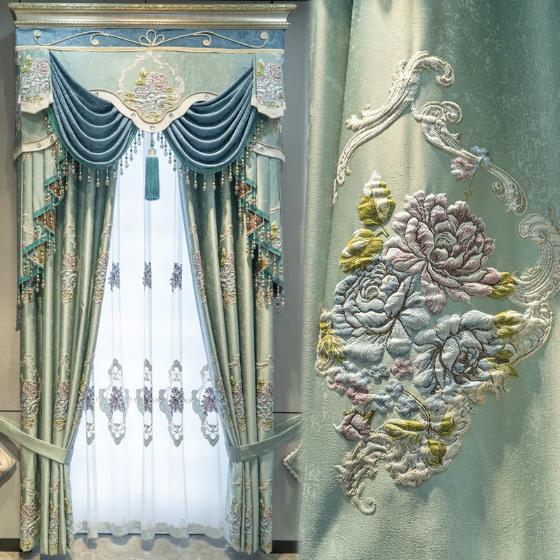 Custom curtain  luxury European high-grade embroidery green relief thick bedroom blackout curtain tulle valance drape M1534