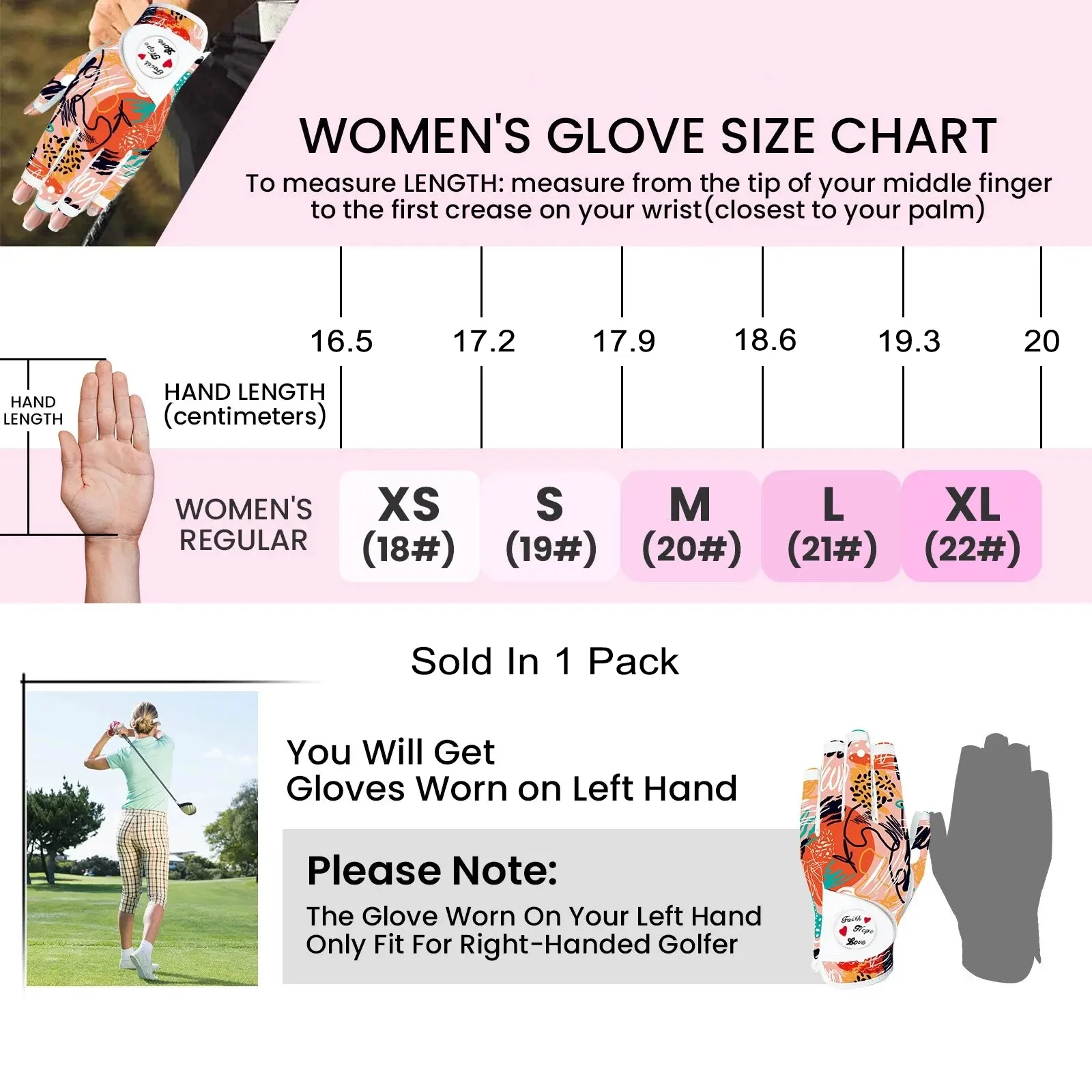 Golf Gloves Women Half Finger Left Hand with Ball Marker 1 Pack, All Weather Glove for Right Left Handed Golfer