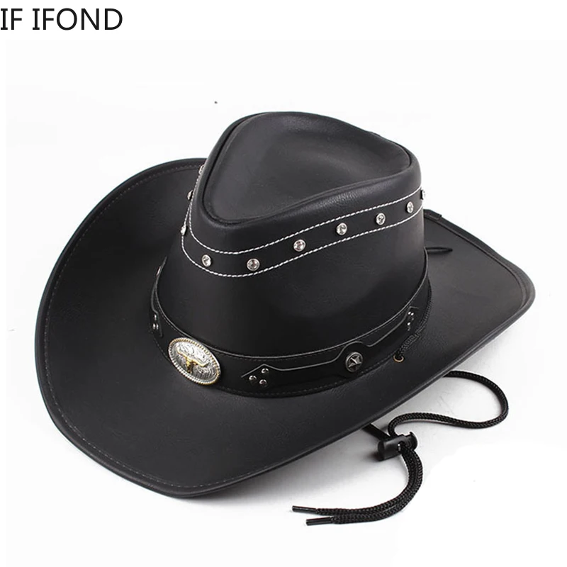 Classic 100% Leather Western Cowboy Hat For Men Gentleman Dad Godfather Caps Panama Cowgirl Jazz Hats Sombrero Hombre