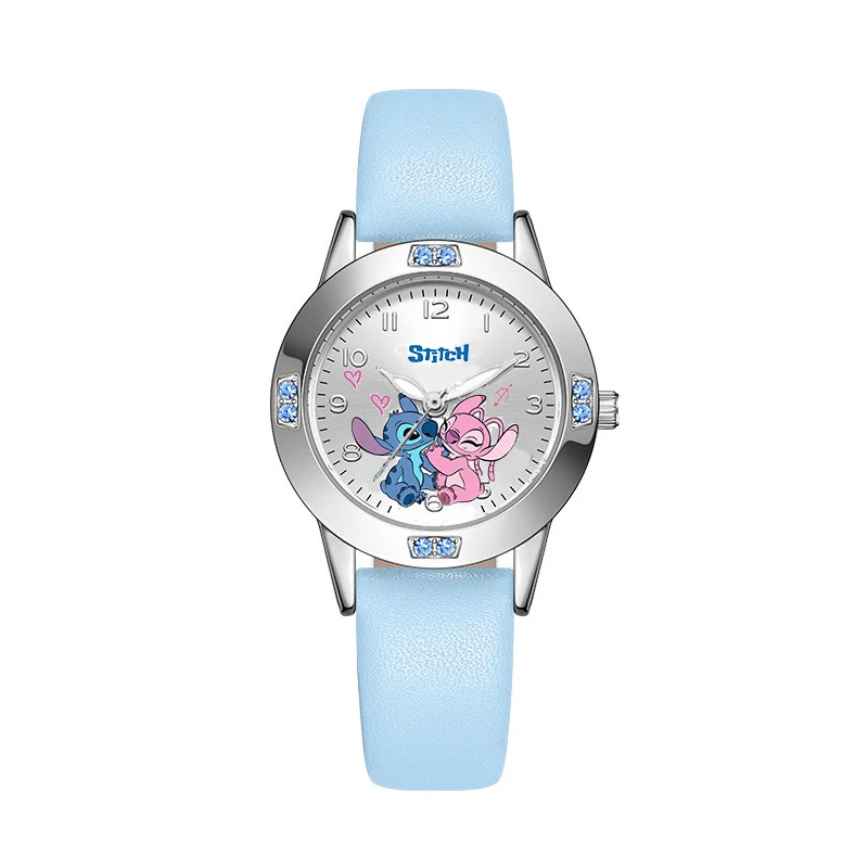 Miniso Anime Cartoon Disney Angie Stitch Round Diamond Quartz Girls Watch Fashion Children Leather Steel Belt Watch Kids Gift