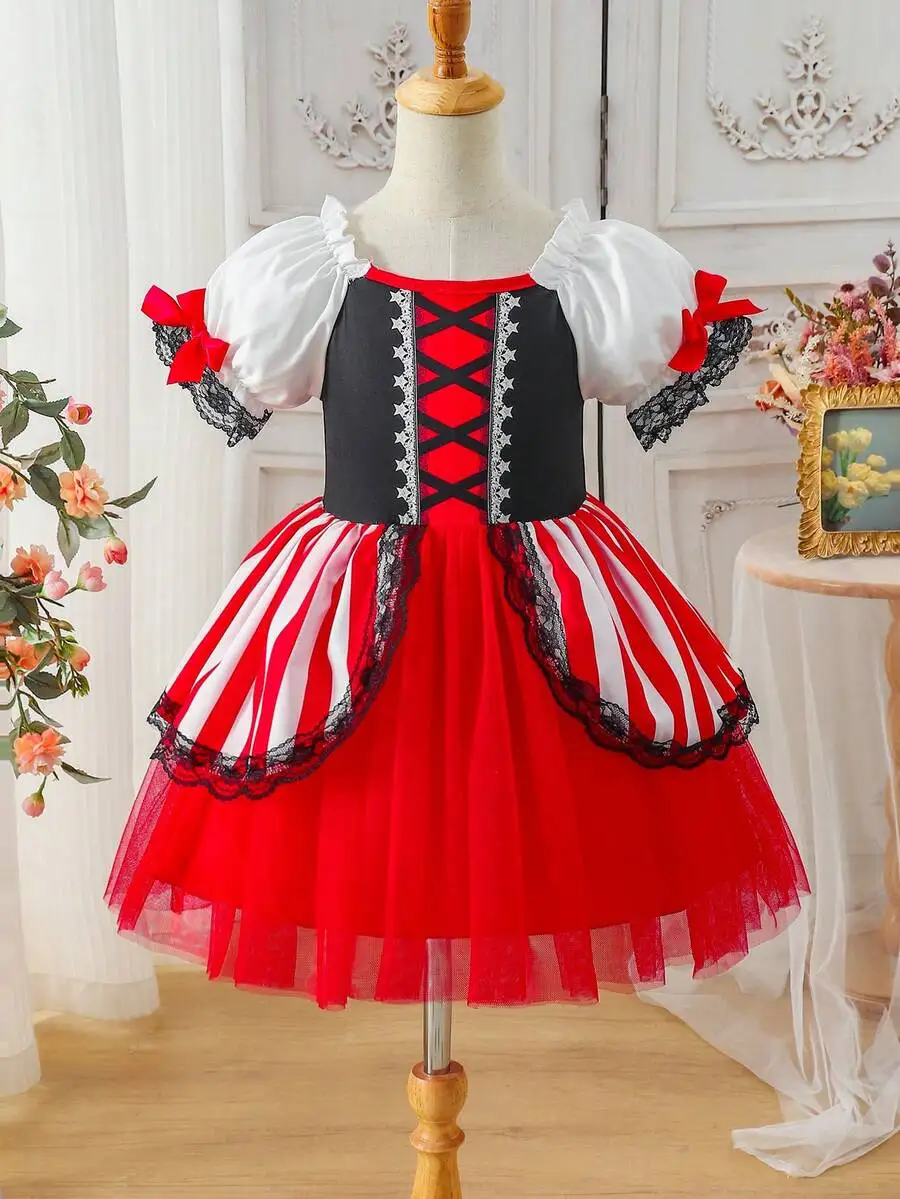 

Red And White Lace Bow Puff Sleeve Princess Party Dress