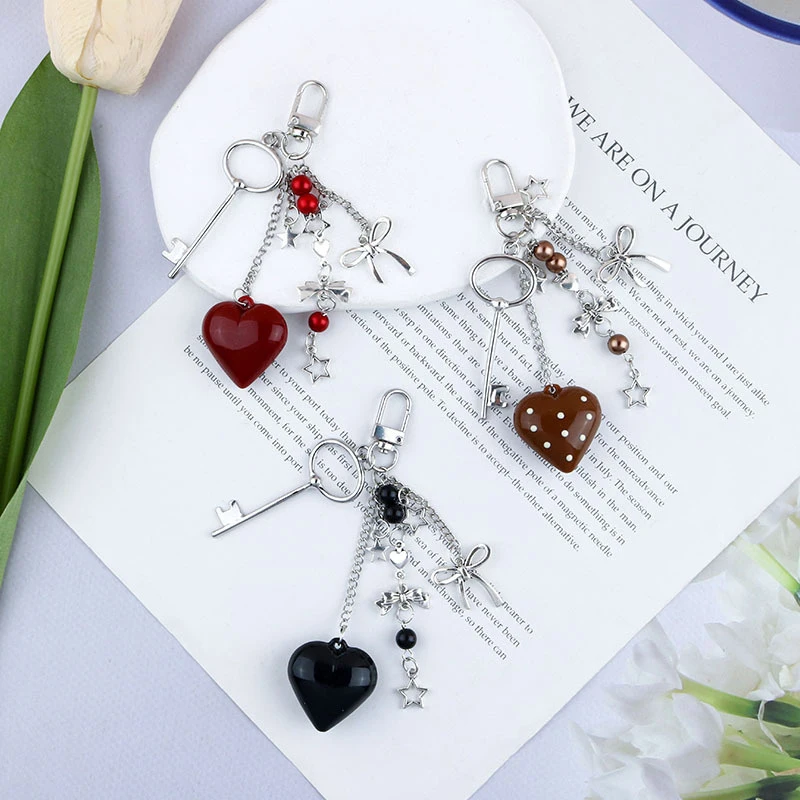 Retro Heart Key Chain Bowknot Phone Chain Headphone Case Pendant Bag Decor Car Key Ring