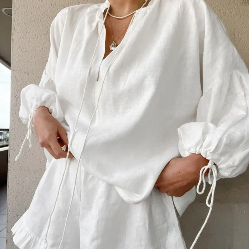 Women's Casual 2 Piece Long Sleeve Lace Up Top Shirt And Shorts Set 2024 Summer White Casual Chic Suit Set