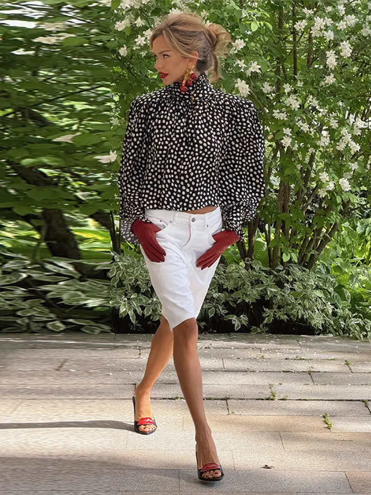 Bedrucktes Plissee-Langarmhemd für Damen, Streetwear, Rollkragen, Laternenärmel, locker sitzende Bluse, schicke Oberteile für Büro und Party, Neu – Detail 6