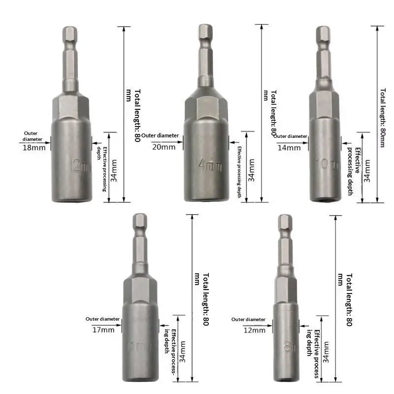 5-Piece Magnetic Socket Set Hexagonal Shank For Use With Electric Drills For Powerful Screw Driving 80mm Electric Drill Head