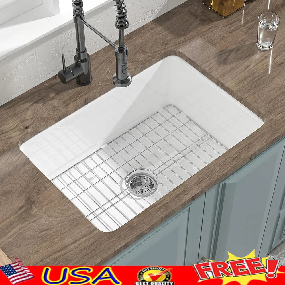 

Fireclay Undermount Kitchen Sink Drop In Dual Mount Single Bowl with Stainless Steel Bottom Grid and Strainer Easy Clean