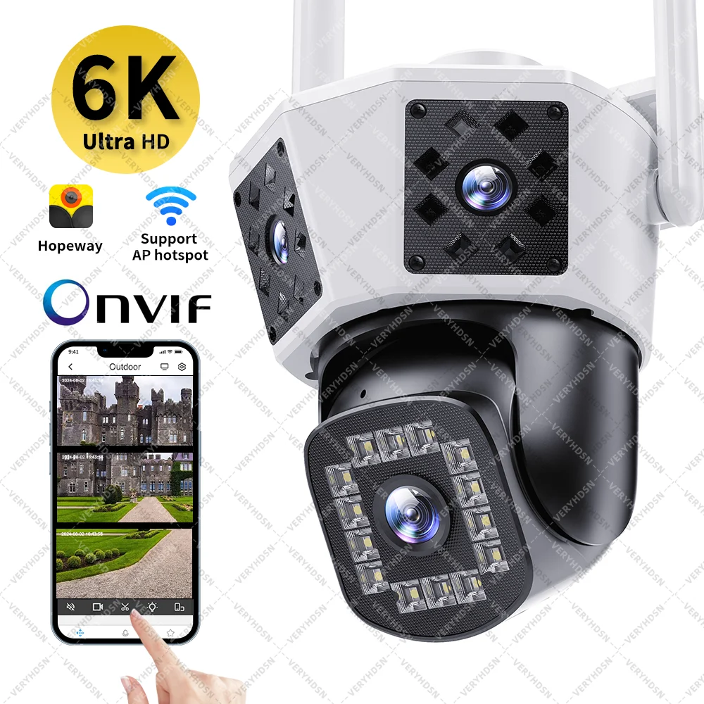 wifi camera de tres lentes ptz hd ao ar livre cctv camera de vigilancia tres tela rastreamento automatico 4k lente dupla wirelss a prova impermeavel agua 6k ip 01