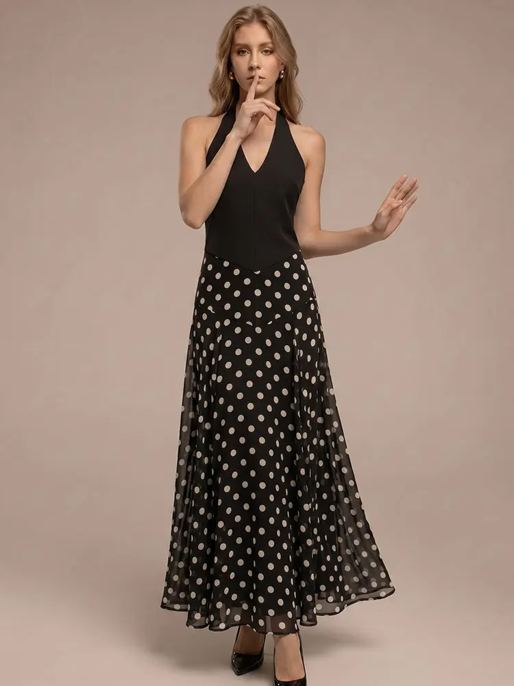 

HH Womens Halter Neck Polka Dot Long Dress V Neck Sleeveless Fashion High Street Casual Summer Beach Vacation Zipper Dress