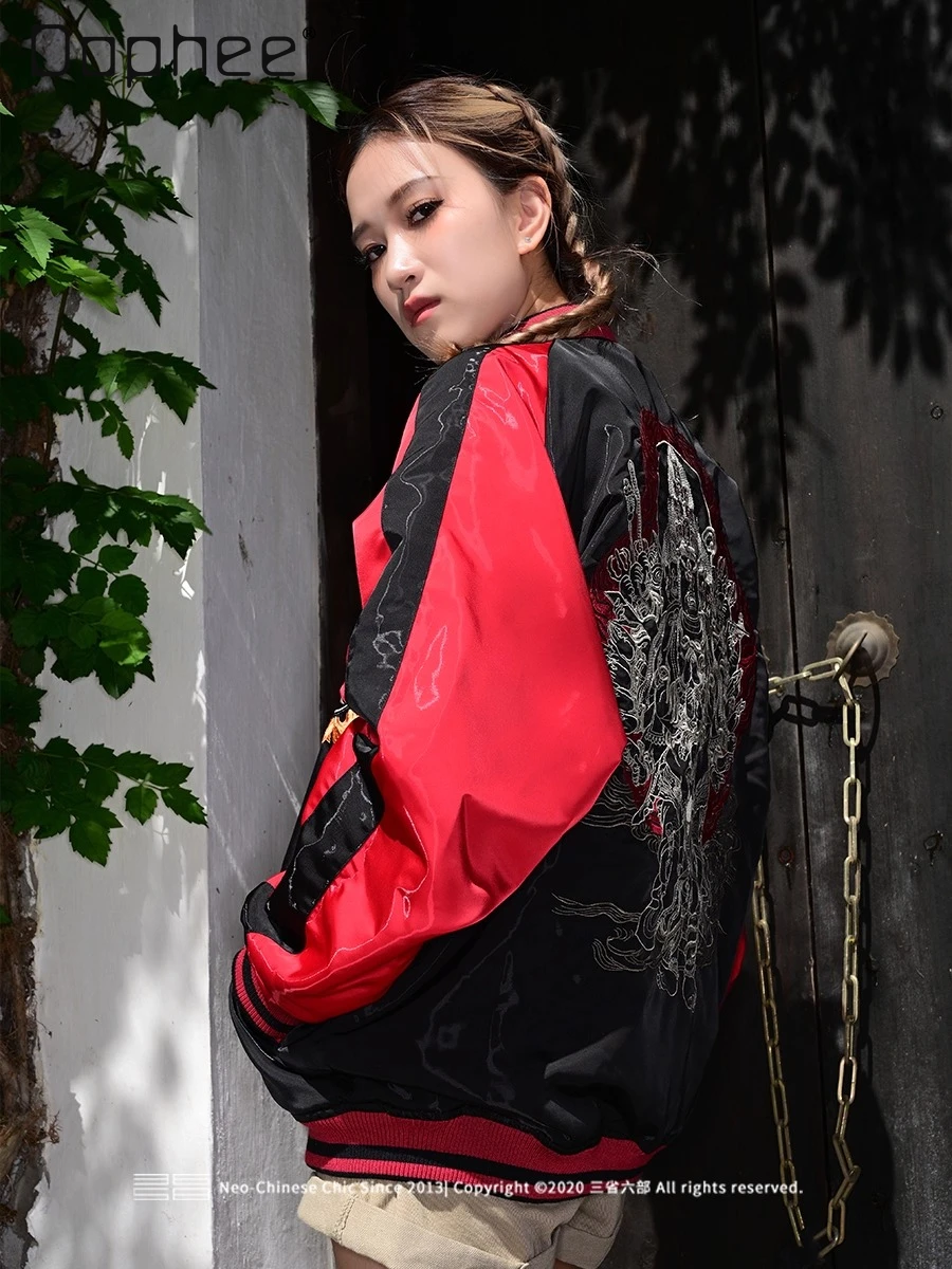 Street Fashion High-End Retro Cartoon Embroidery Baseball Jacket Autumn New Gothic Patchwork Loose Casual Jackets for Women