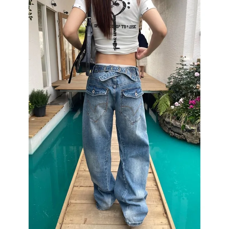 American Retro High Street Loose Straight Wide Leg Jeans Women Buckle Waist Bamboo Texture Distressed Indigo Skin Friendly New