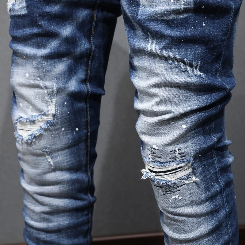 Fashion Designer Men Jeans Retro Washed Blue Stretch Skinny Ripped Jeans Men Patched Vintage Denim Pants Hombre Trendy Trousers