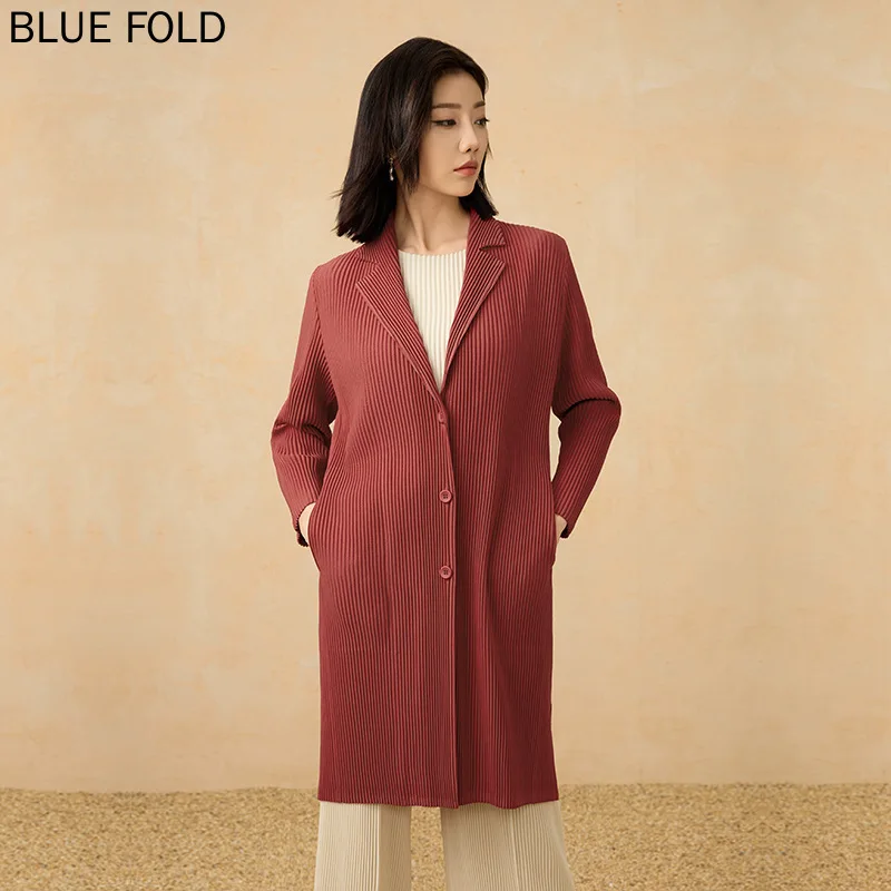 Miyake Suit Collar Jacket Autumn and Winter New Fashion Commuting Loose Slim Temperament Long Windbreake PLEATS Trench Coat