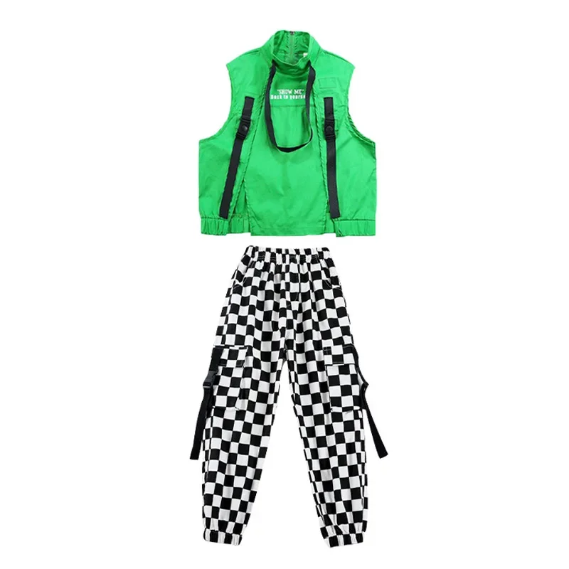 Checkered Tactical Cargo Jogger Pants Girls Boys Dance Costume Clothes Kid Hip Hop Clothing Sleeveless Jacket Top Streetwear