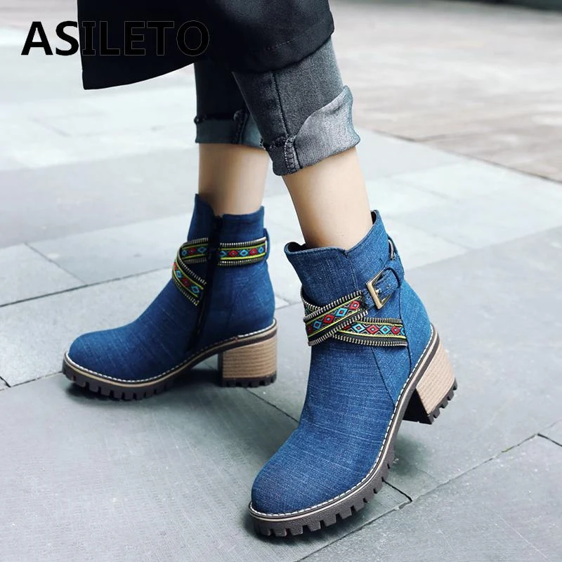 

ASILETO Denim Boots Zip Ankle Boots Women Booties Cowboy Jeans 6CM Thick Heels shoes Casual Ladies Footwear Botas Big Size 43