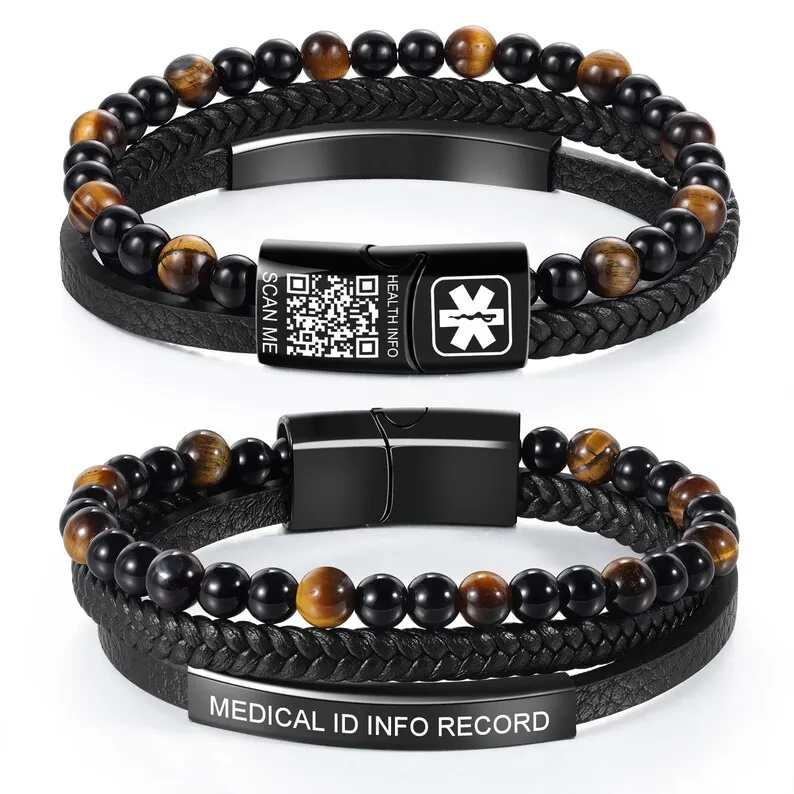 Natural Tiger Eye Stone Medical ID Bracelet Men Braided Genuine Leather Wristband Custom QR Code Emergency Alert Health Jewelry view 2