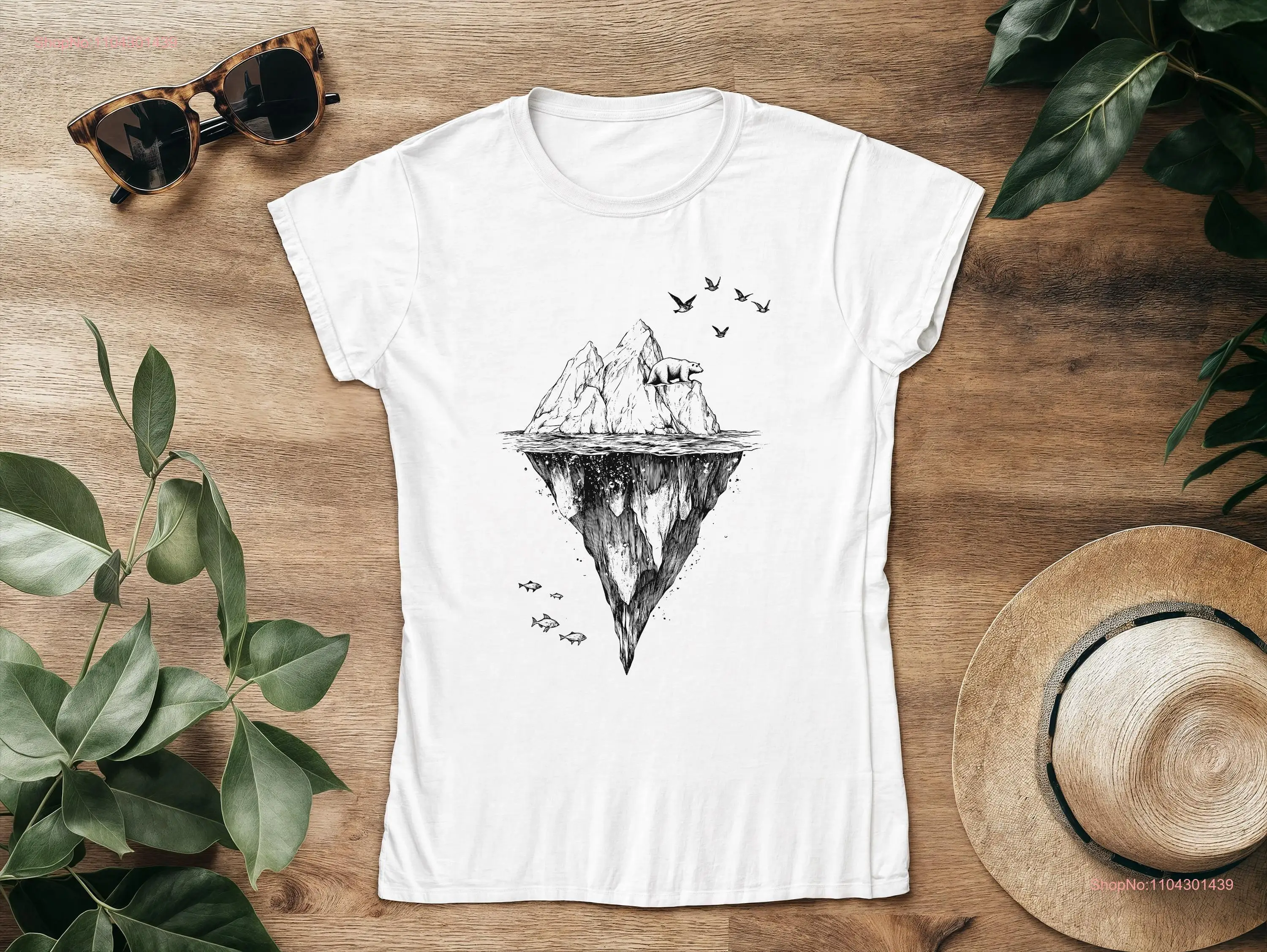 Minimalist Polar Bear Women T Shirt Arctic Wildlife Design Iceberg on the Ocean Nature lover for Global warming awareness